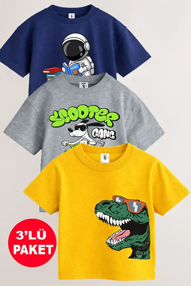 Детский комплект футболок для девочек с принтом Astronaut-Dinosaur-Scooter Twins Tailors, Yellow