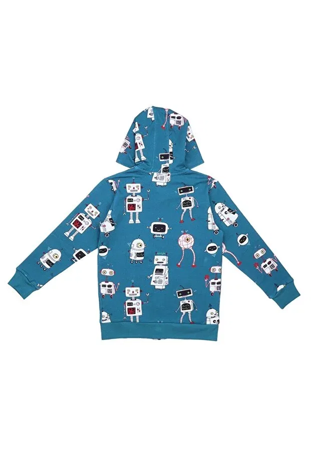 Детский кардиган с капюшоном Robot Pattern Digital Printed Organic Baby Sweat Jacket Walkiddy, Blue — фото 2