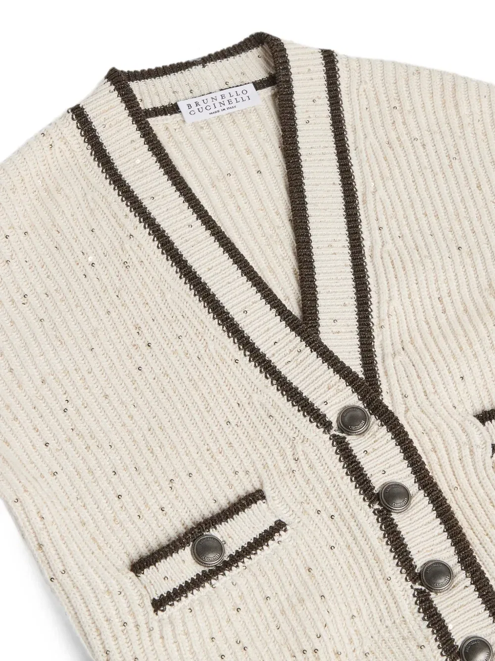 Декорированный кардиган в рубчик Brunello Cucinelli Kids, бежевый — фото 3