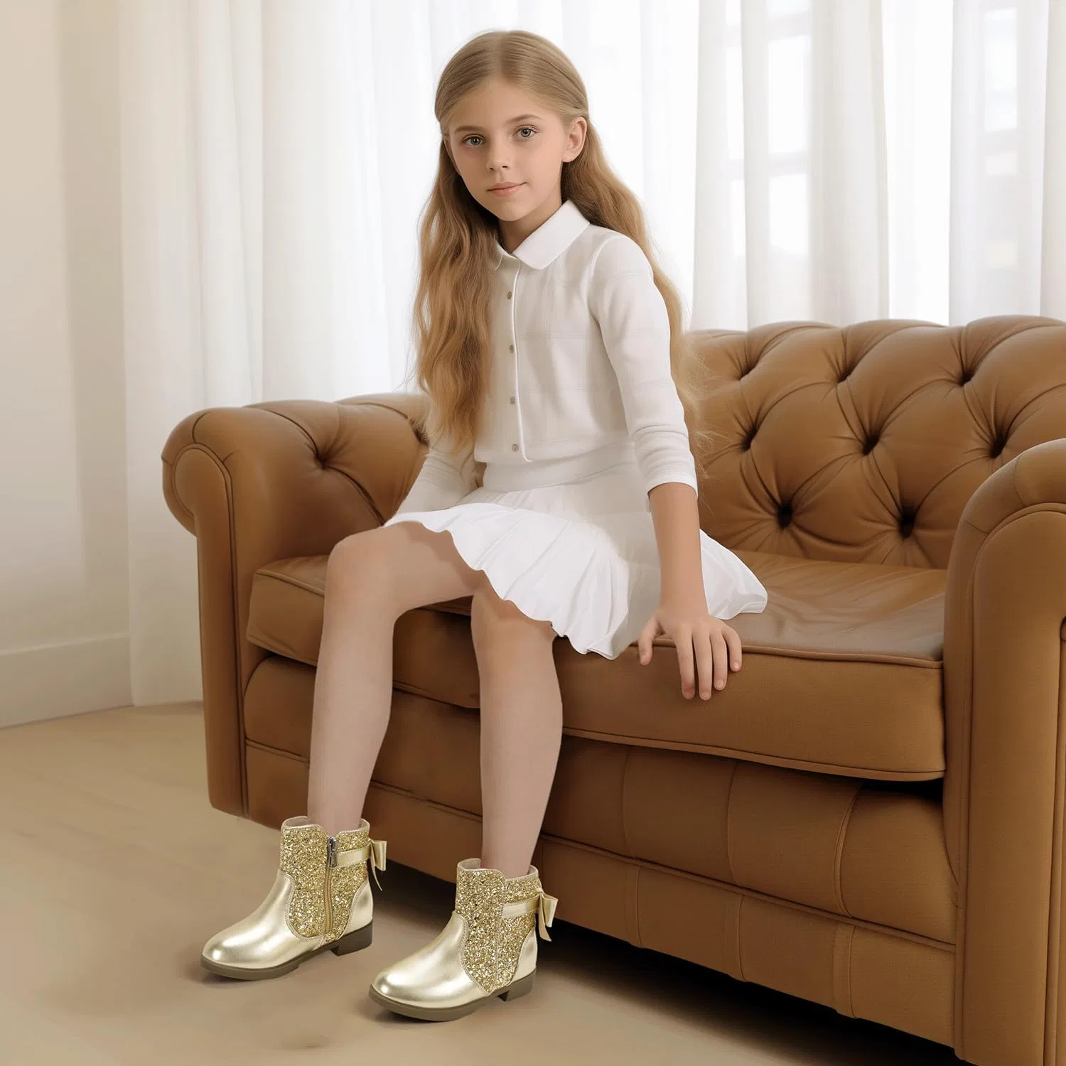 Детские ботинки для девочек с бантом PANDANINJIA, Goldsequin — фото 2