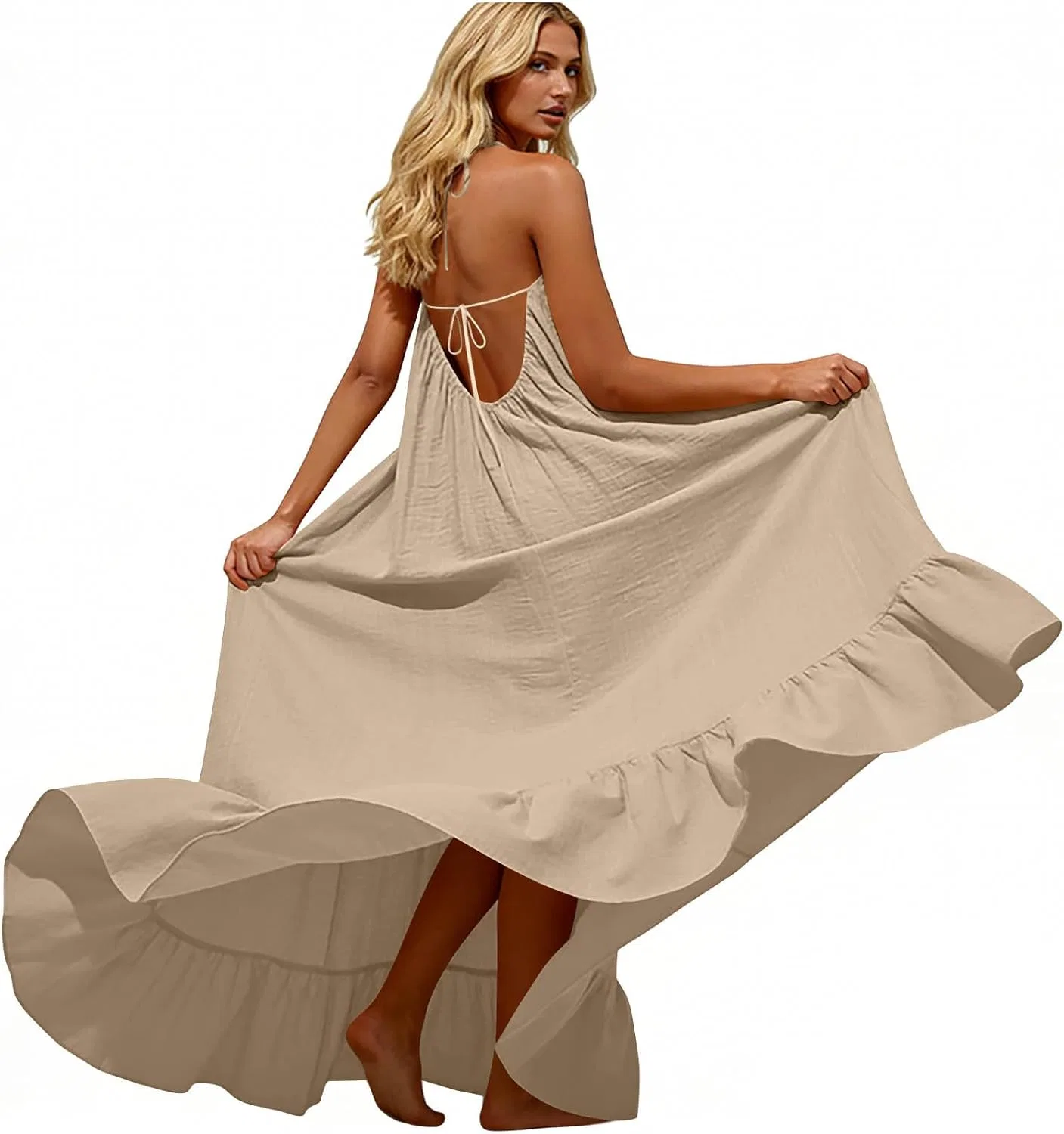 Женское пляжное платье с открытой спиной на бретелях, Beige — фото 2