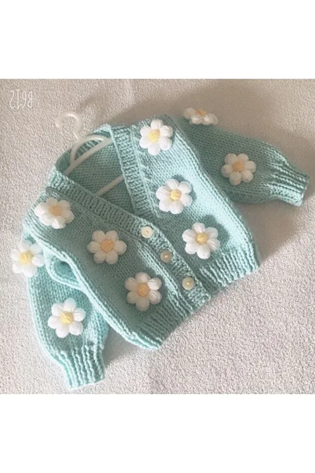 Детский кардиган для девочек с принтом Hand knitted daisy crop baby cardigan Izmirblanket, Mint