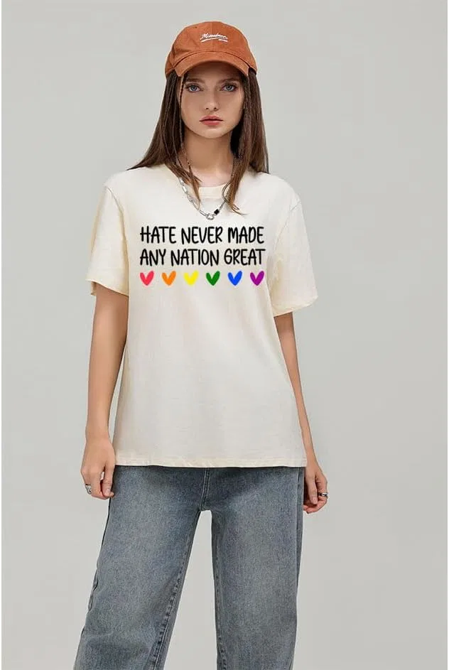 Unisex футболка с принтом Hate Never Made Any Nation Great Regular Fit, Pink — фото 4