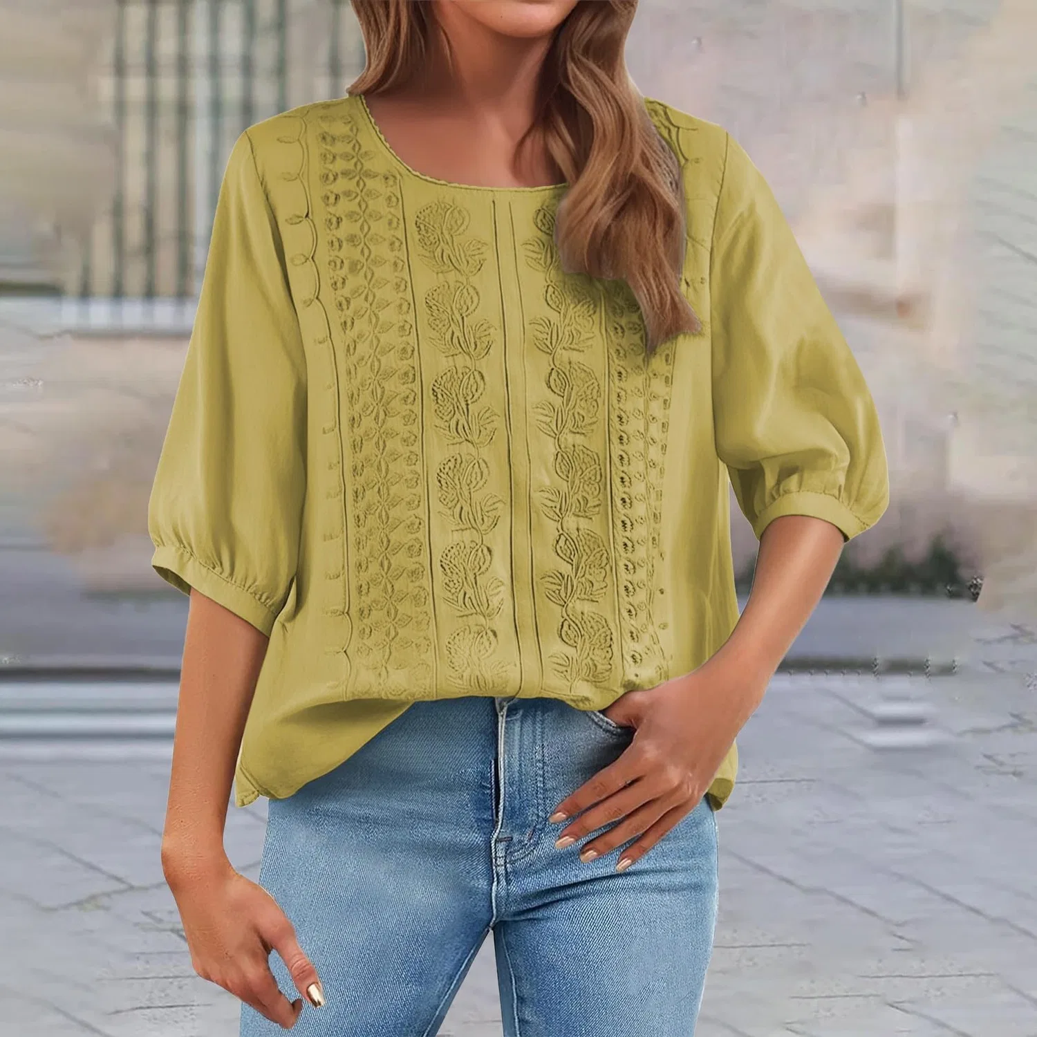 Женская льняная блуза с принтом и вышивкой Chinese Shirts, Z01-yellow — фото 2