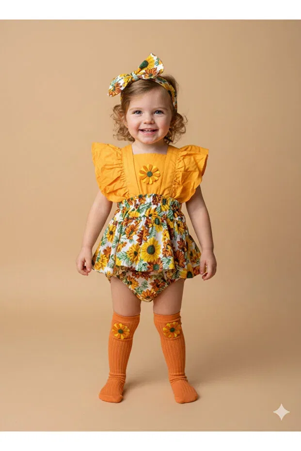 Детский комбинезон для девочек с принтом Set Baby Girl Figured Orange Sunflower Slopet Bandana And Orange Socks Ues, Orange3