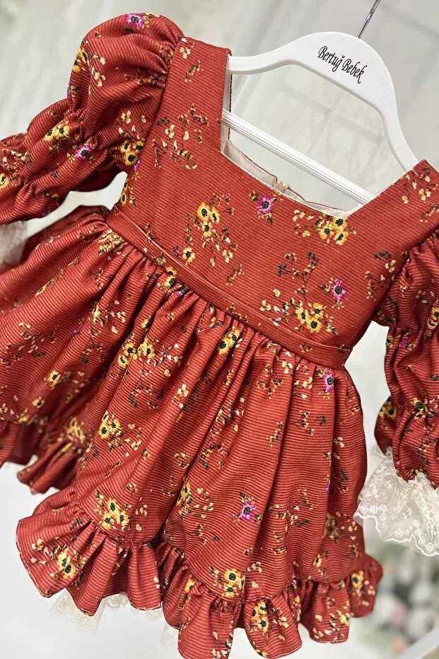 Детское платье для девочек с принтом Floral print lace velvet baby girl's evening designer dress Bertuğ Bebek, Tile — фото 4