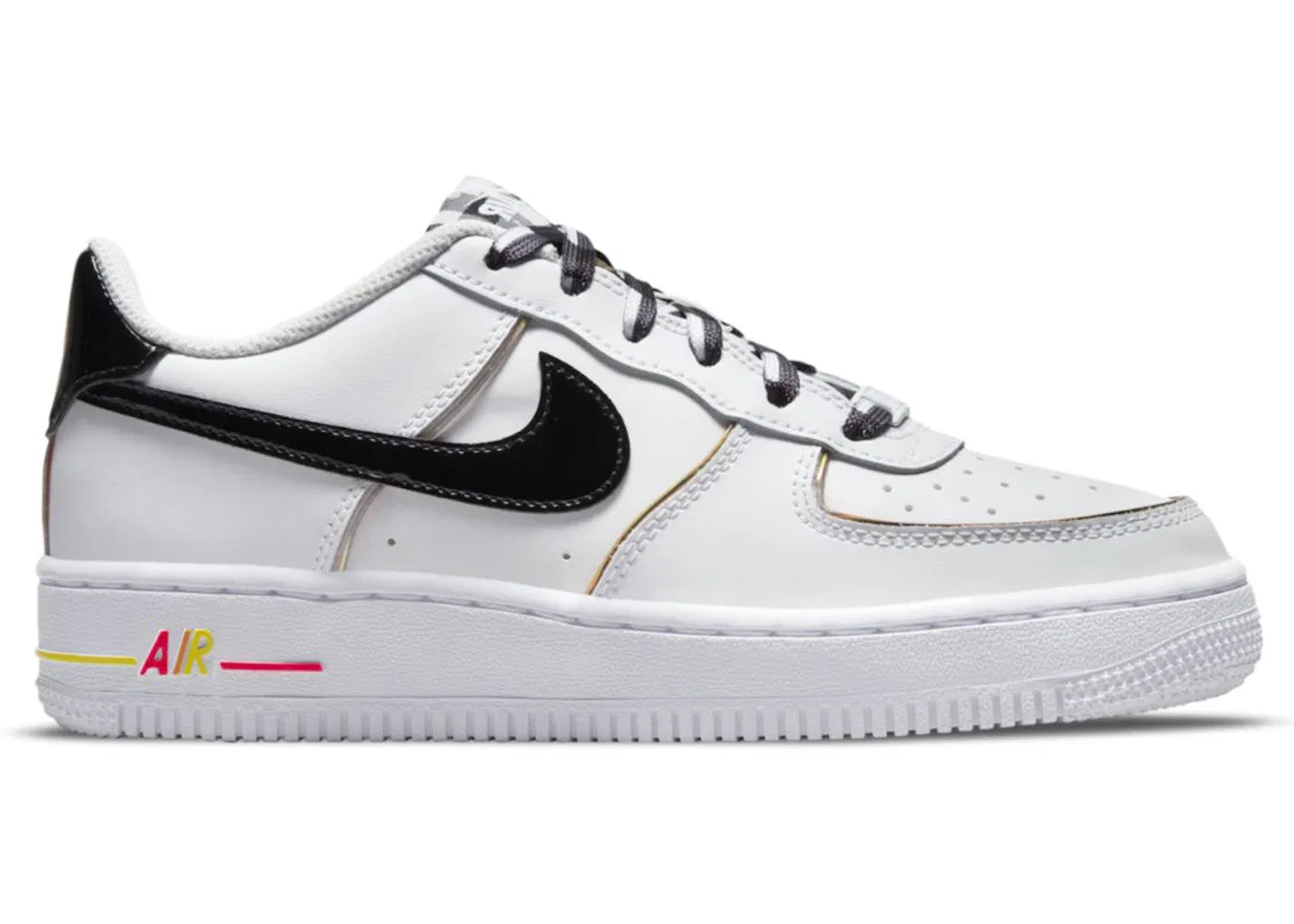 Детские кроссовки Lifestyle с принтом Nike Air Force 1 07 LV8, White/Black/Bright Crimson/Light Voltage Yellow/Metallic Gold