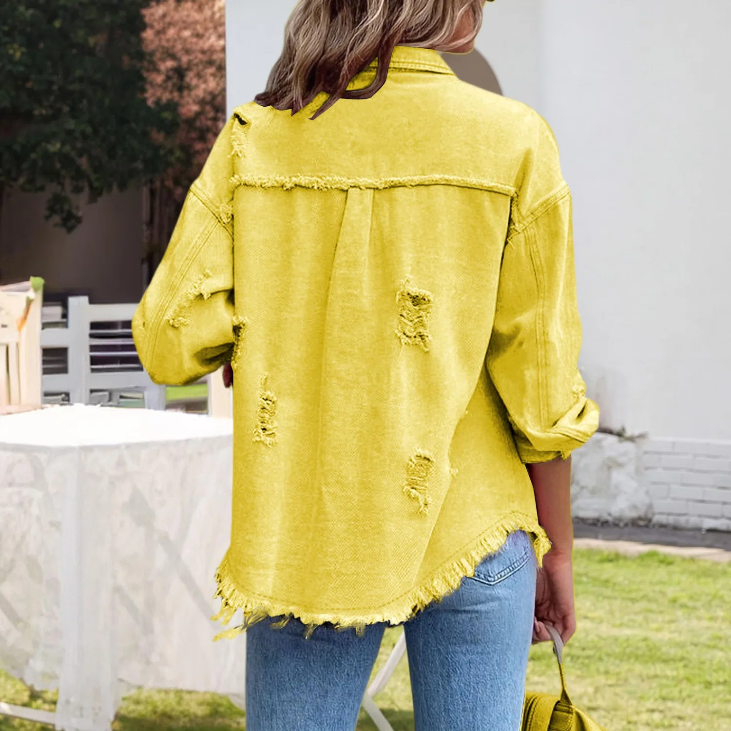 Женская джинсовая куртка oversize с бахромой, Giallo — фото 2