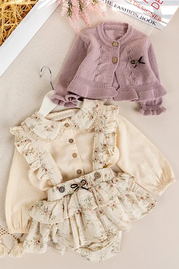 Детский комбинезон-платье для девочек хлопковый Floral muslin 3-piece Babymod, Dried Rose