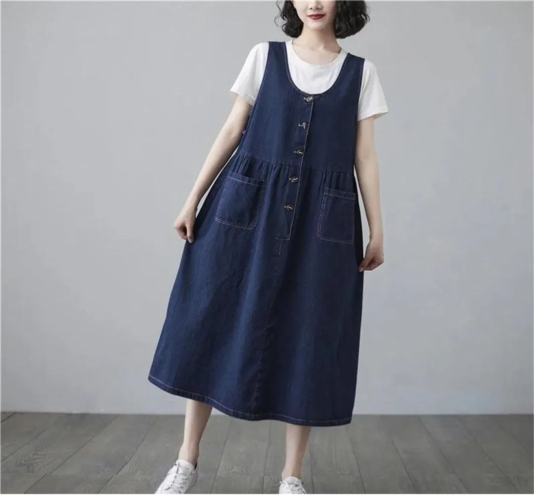Женское джинсовое платье-комбинезон свободного кроя A-line, Navy Blue — фото 3
