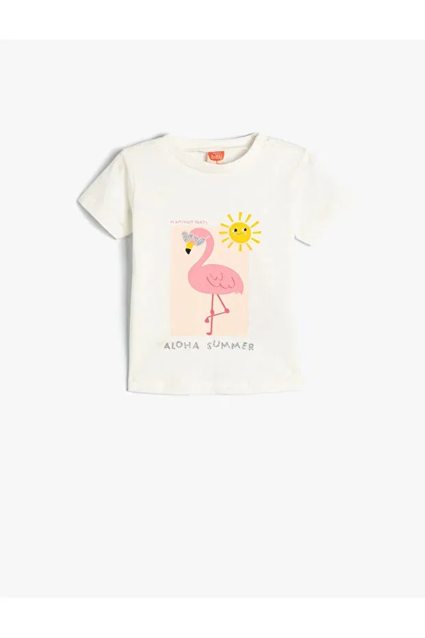 Детская футболка с принтом Flamingo Printed Koton, Ecru
