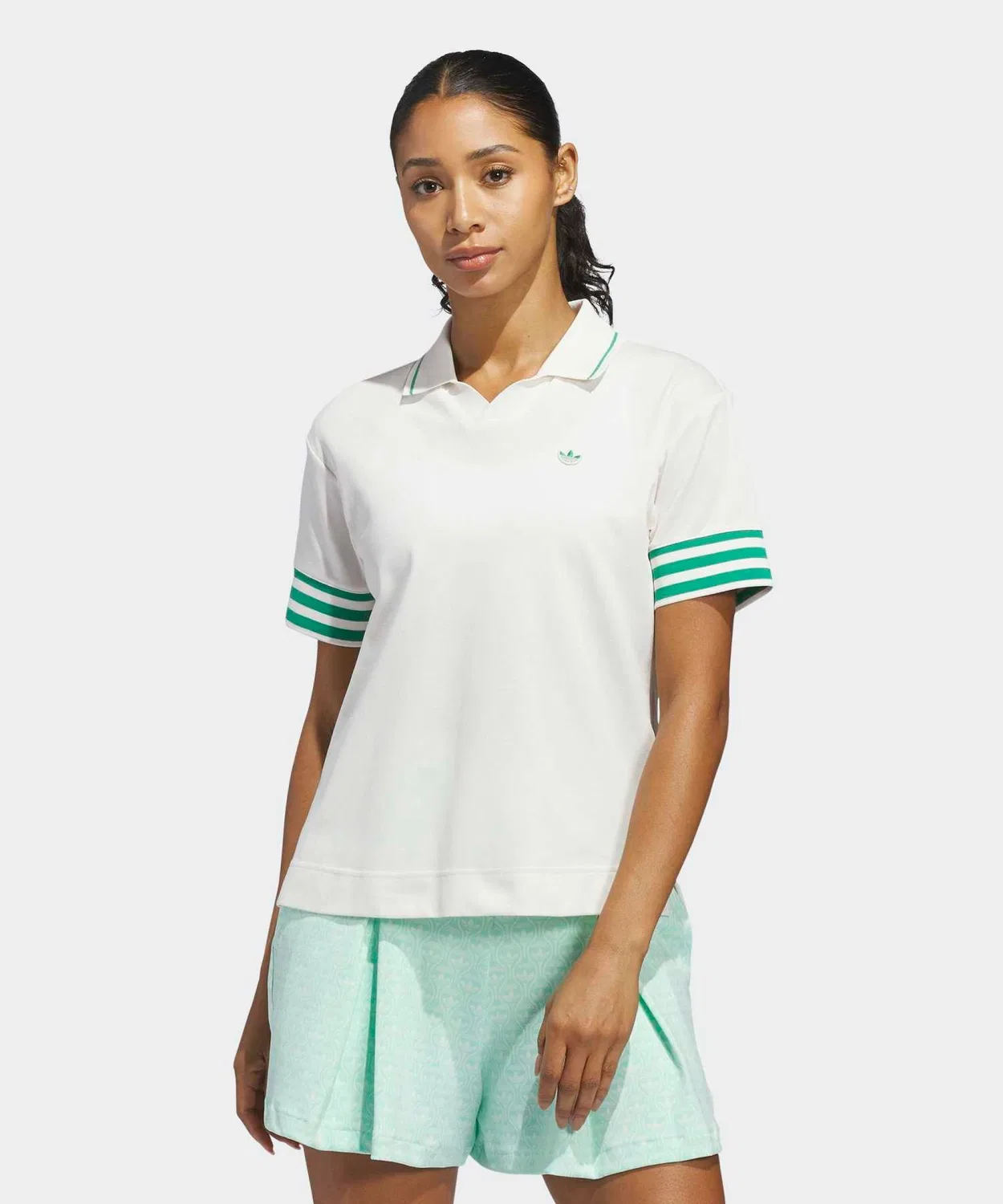 Женское поло с V-образным вырезом и коротким рукавом, с принтом Adidas, White/Green