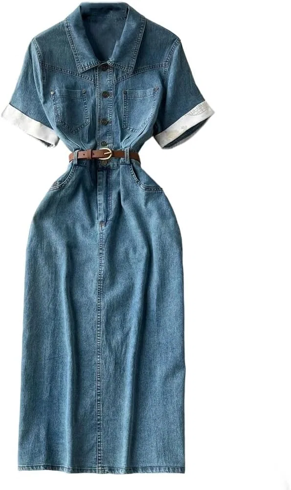 Женское джинсовое платье с поясом Korean, Blue
