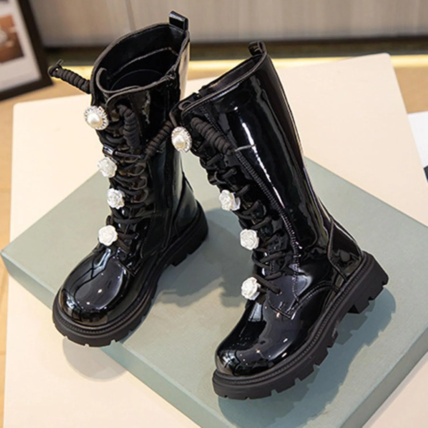 Детские сапоги для девочек с перламутровым декором Western Boots, Black — фото 4