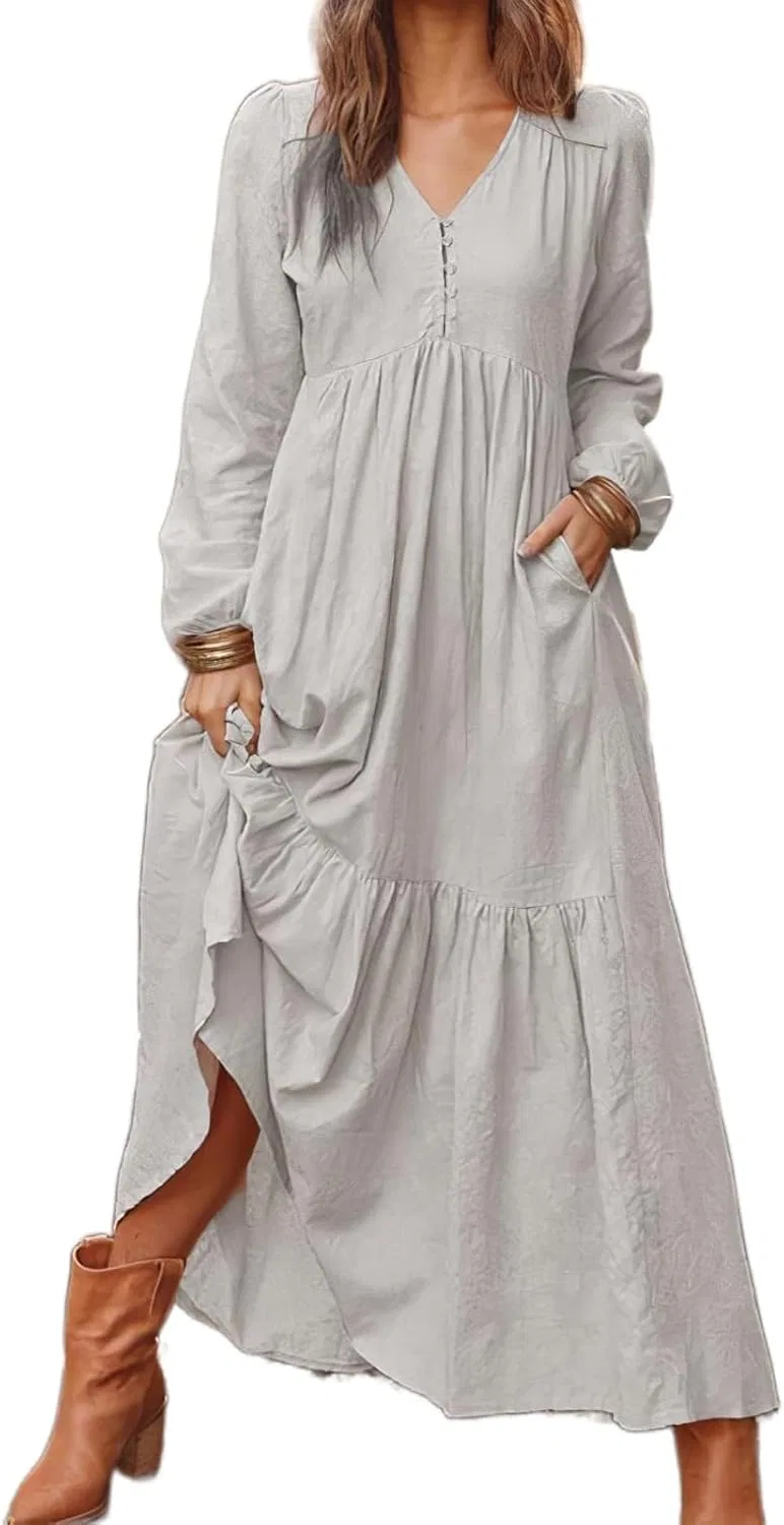 Женское макси-платье с V-образным вырезом Cotton Linen, Light Grey