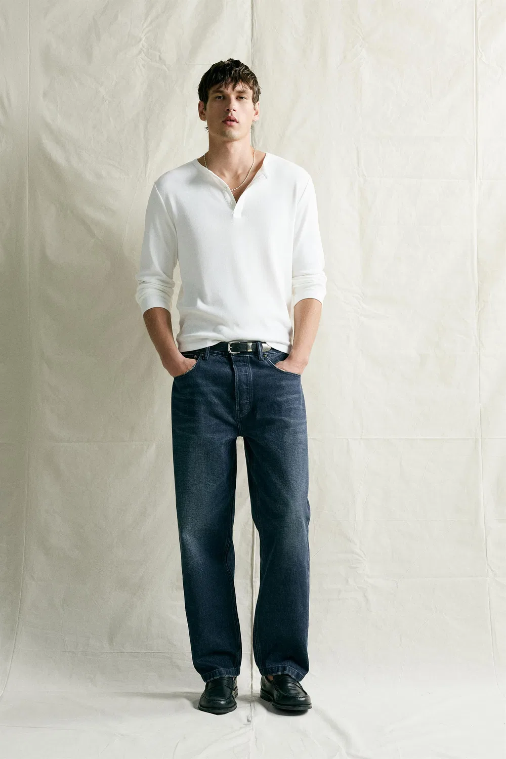 Хлопковая/льняная футболка Henley ZARA, White