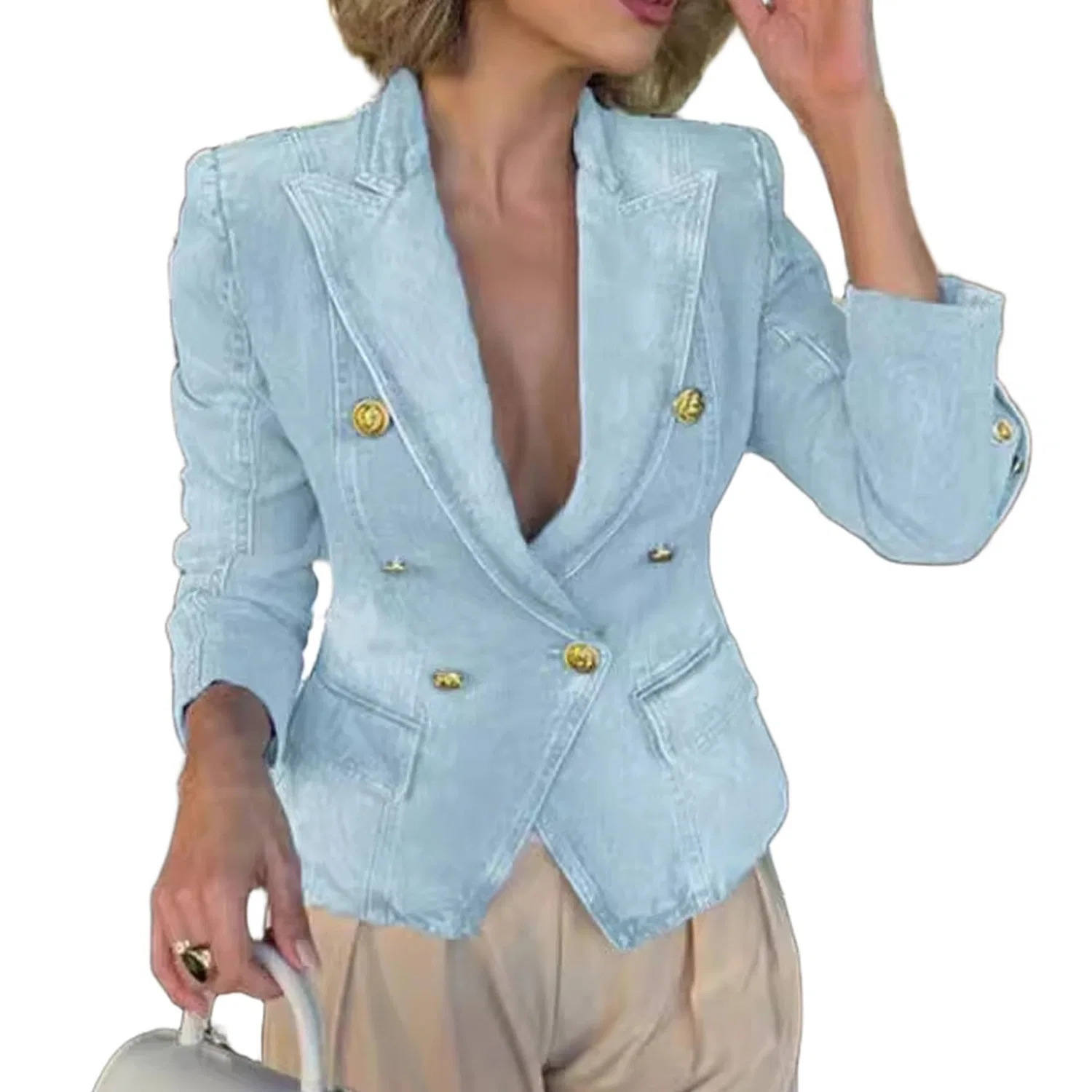 Женский джинсовый двубортный пиджак с лацканами, Azzurro Chiaro