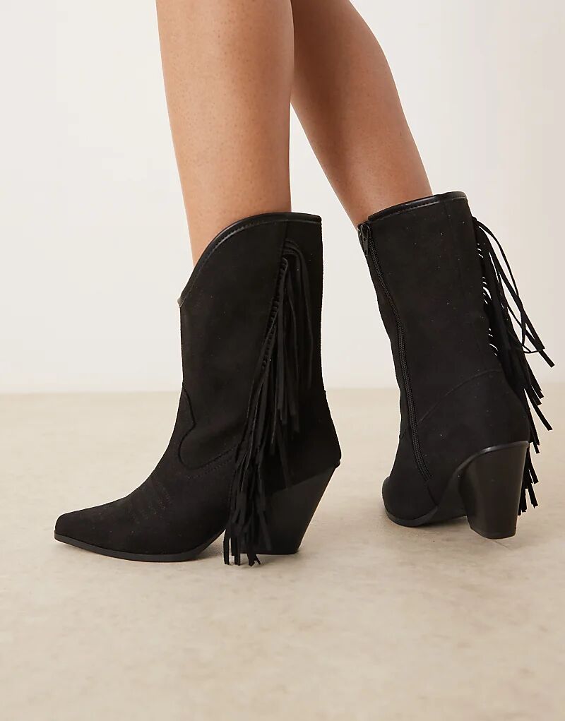 Гламурные сапоги в стиле вестерн с бахромой черного цвета