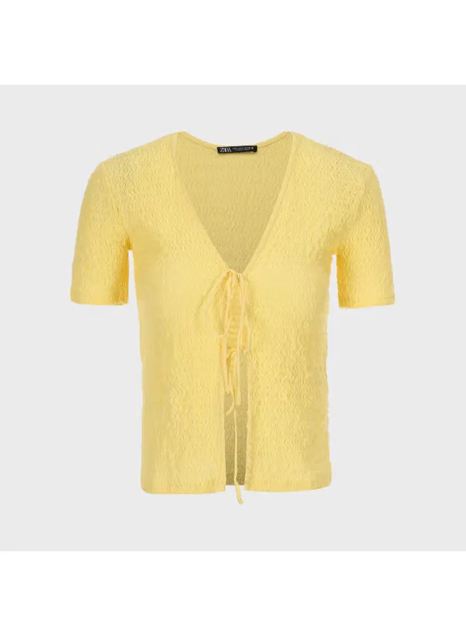 Кардиган короткий с завязками из фактурного трикотажа Zara, желтый — фото 2