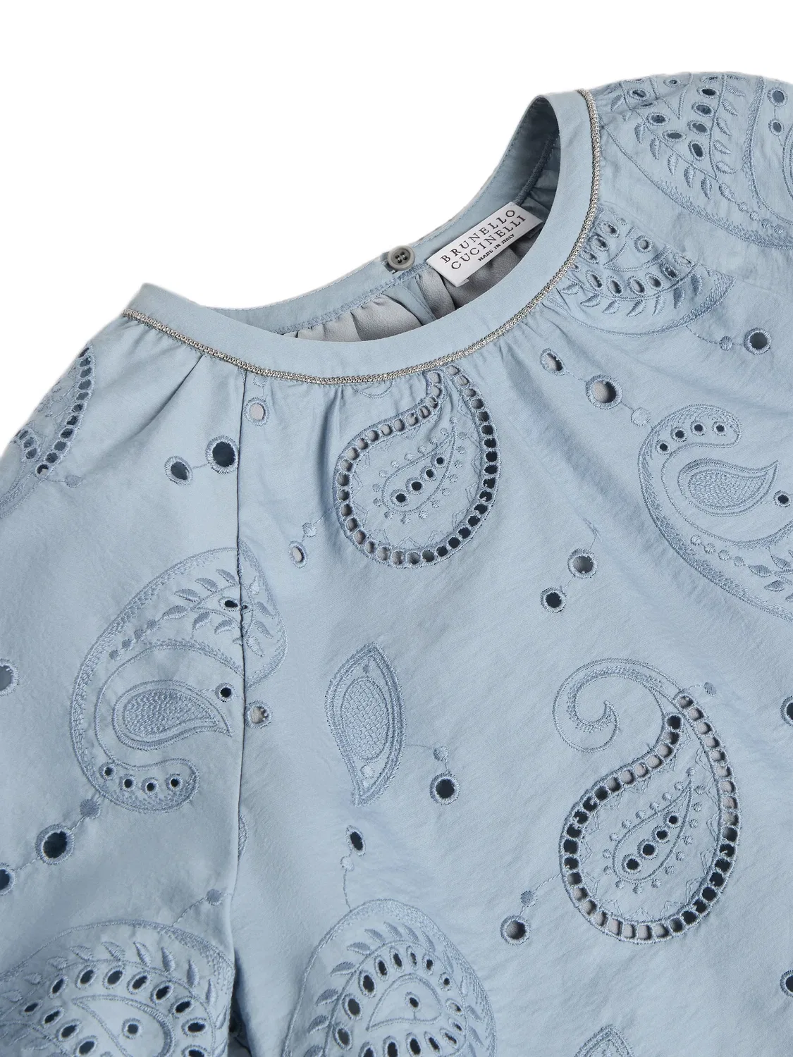 Топ с английской вышивкой и декором Monili Brunello Cucinelli Kids, синий — фото 3