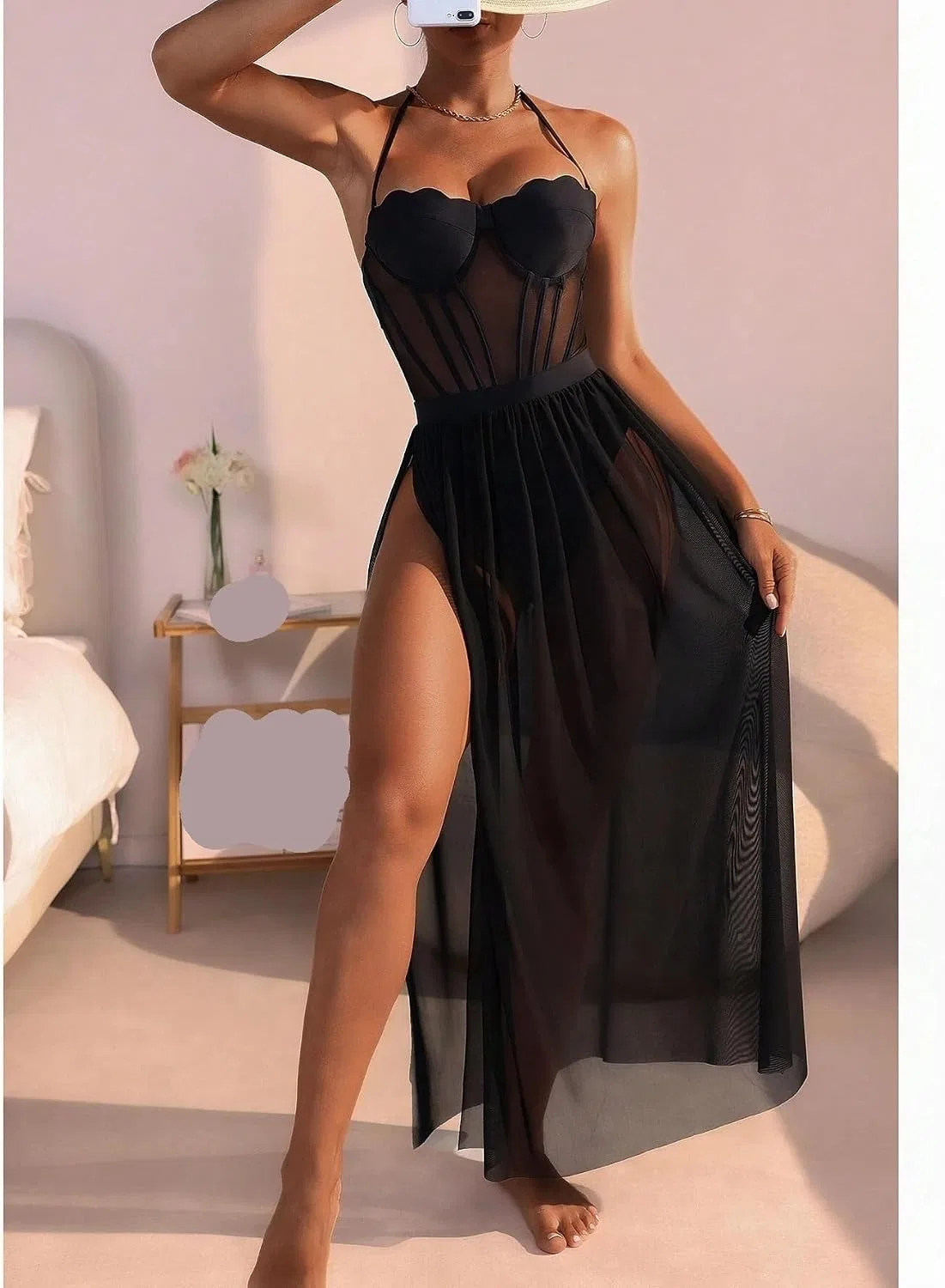 Женский монокини с вырезом на бедре Halter Push Up, Black — фото 4