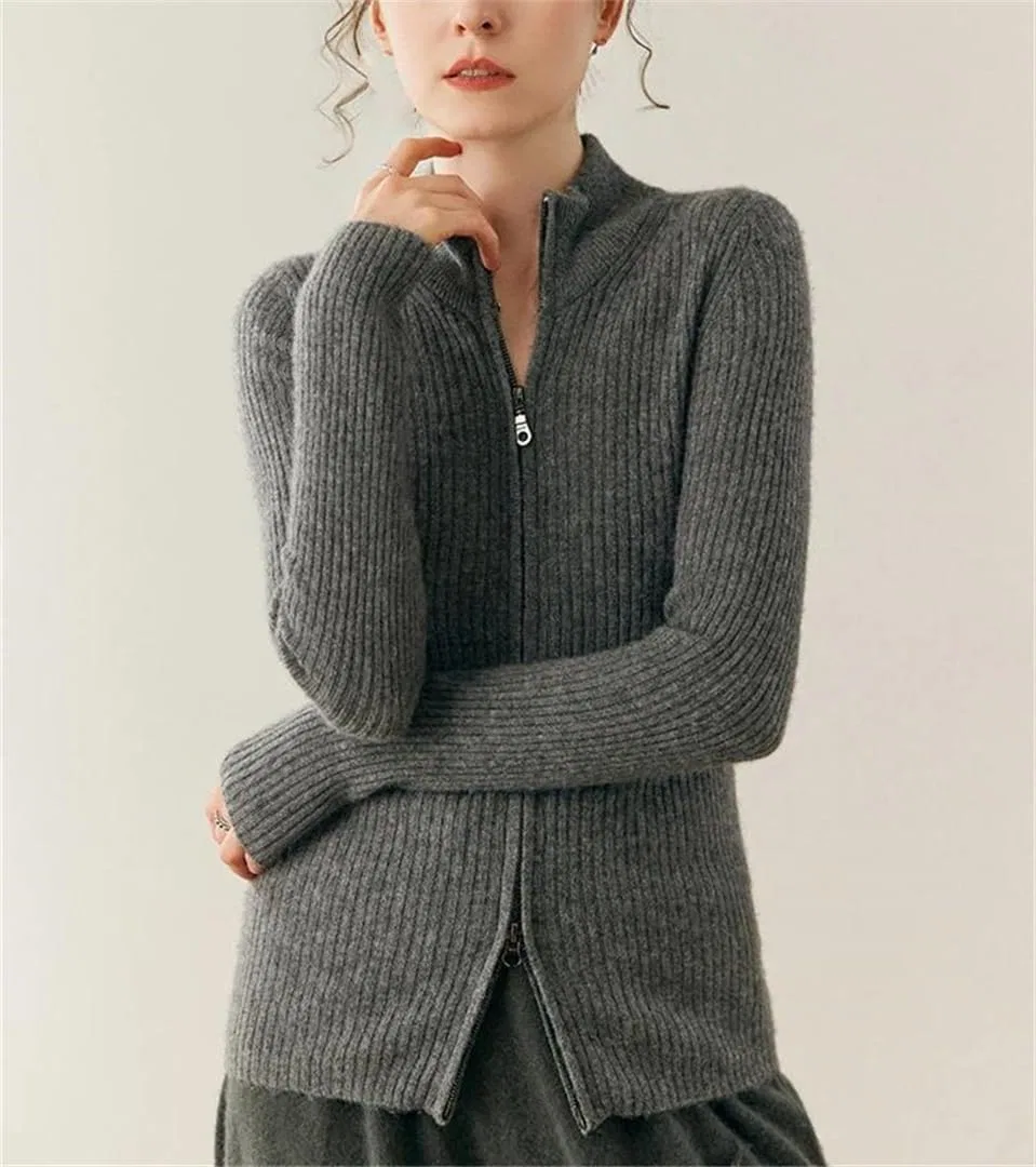 Женский кардиган на молнии с длинным рукавом, Warm Knitwear Slim Fit, тёмно-серый — фото 2