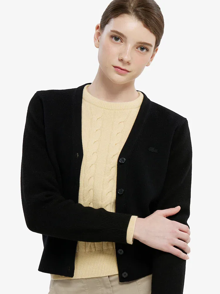 Кардиган женский LACOSTE Basic, V-образный вырез, черный — фото 2