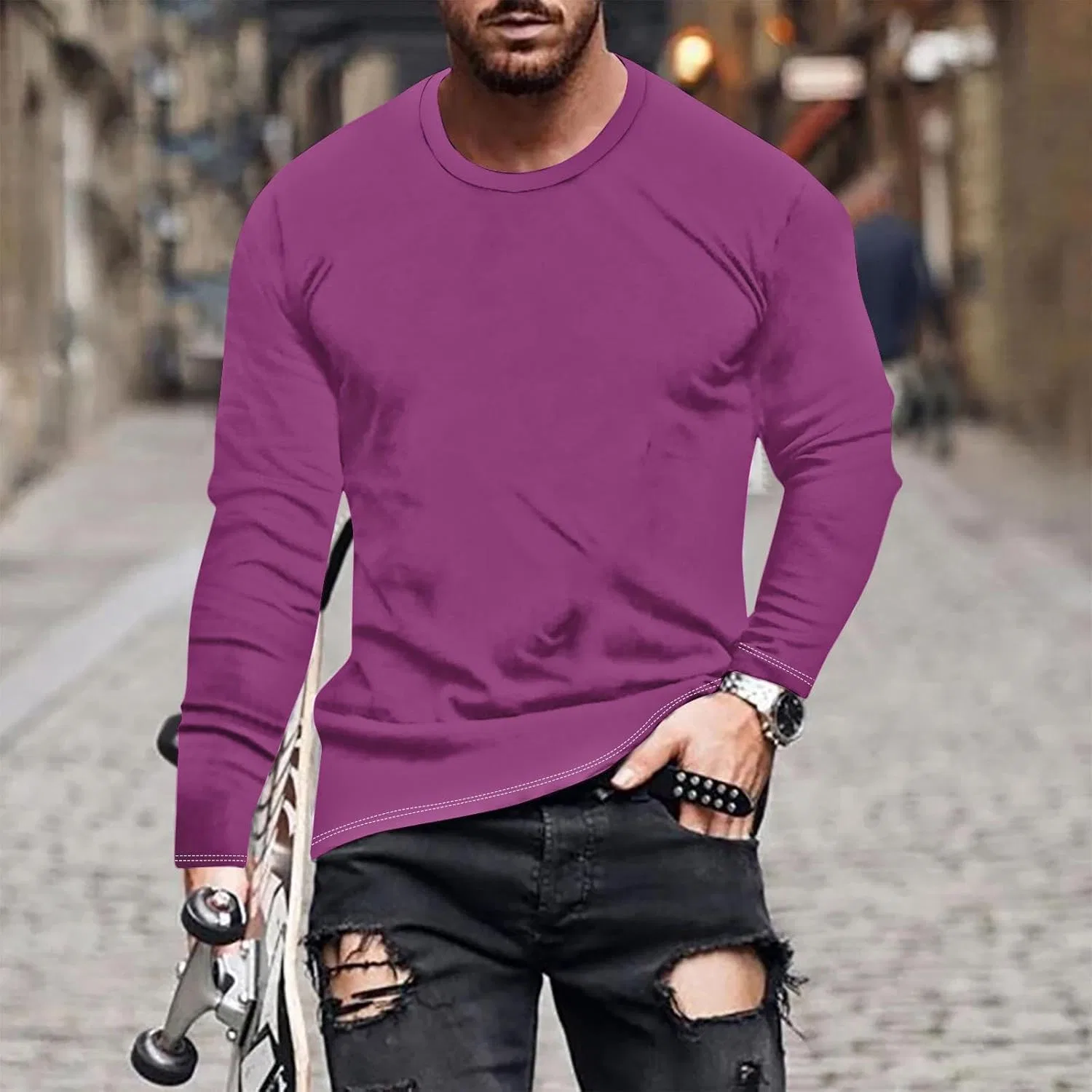 Мужская свободная футболка с длинным рукавом, Purple — фото 2