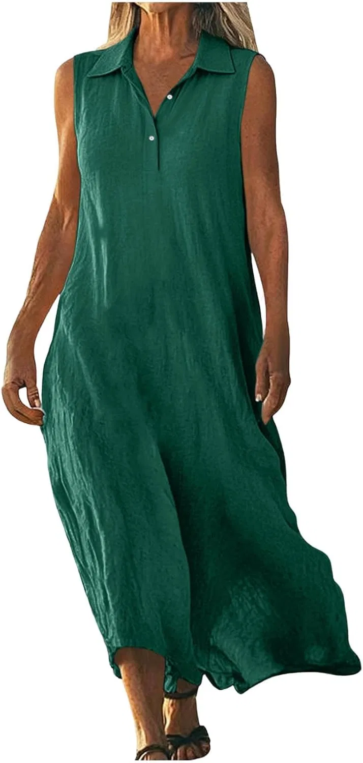 Женское льняное платье свободного кроя с воротником, Mint Green