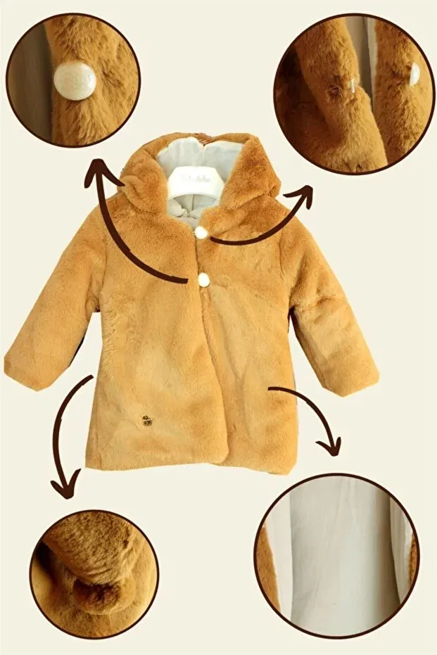 Детское пальто для девочек из плюша с капюшоном Babydola, Brown — фото 2