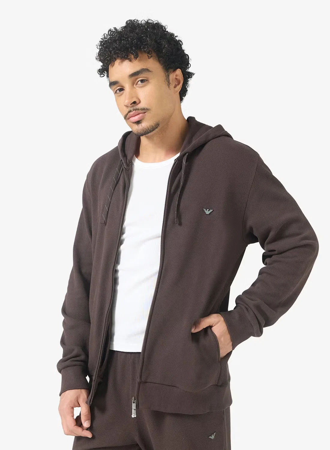 Худи на молнии с капюшоном Logo Emporio Armani, шоколадный