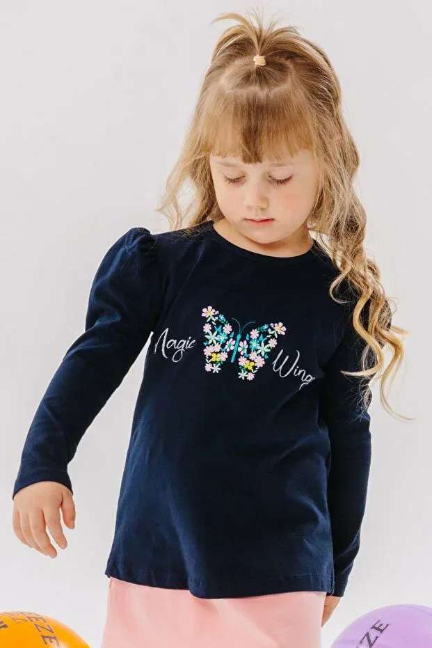 Детская футболка для девочек с принтом с длинным рукавом Breeze, Navy Blue — фото 2