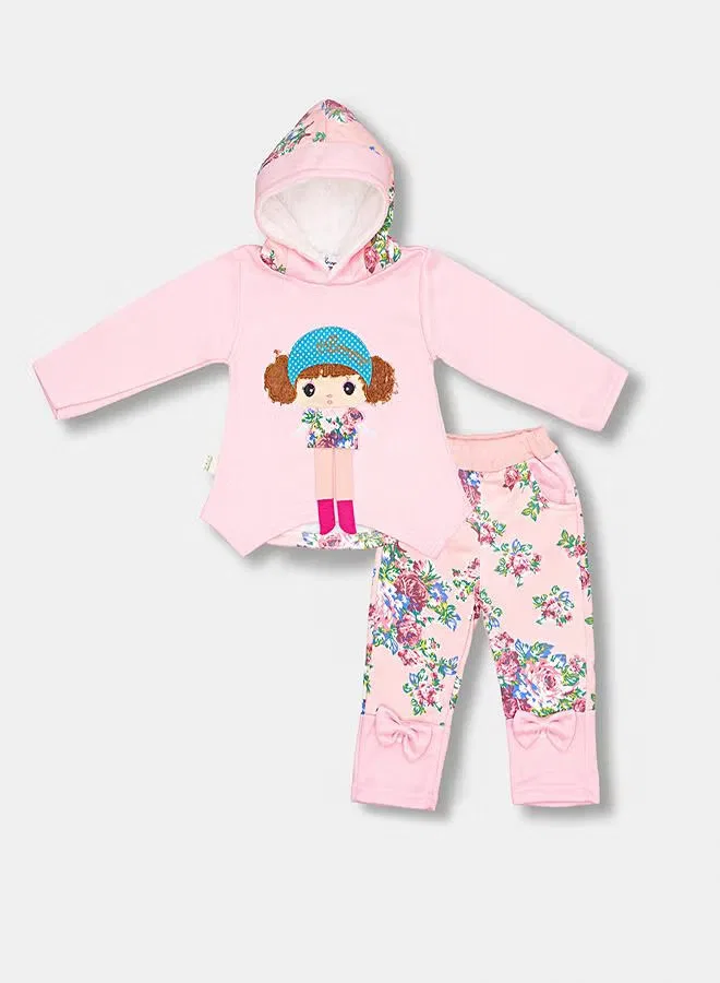 Комплект одежды с капюшоном и принтом куклы в цветочный узор Babyqlo, розовый — фото 3