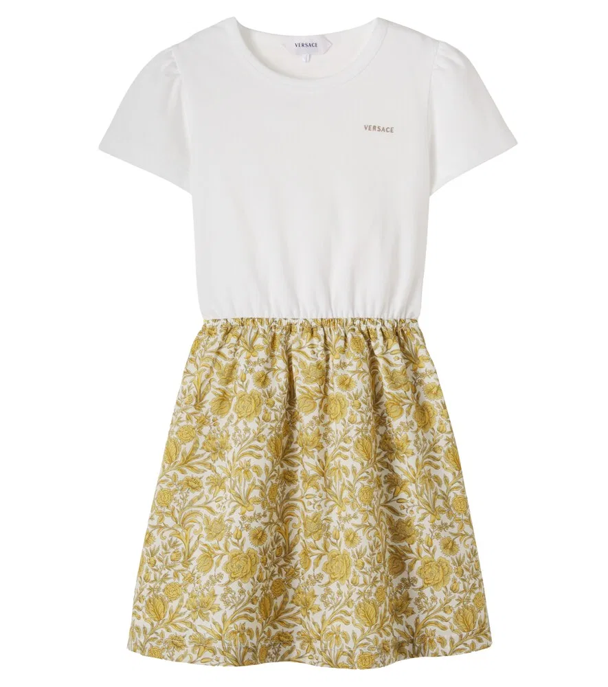 Платье из хлопкового пике и поплина с цветочным принтом Versace Kids, белый