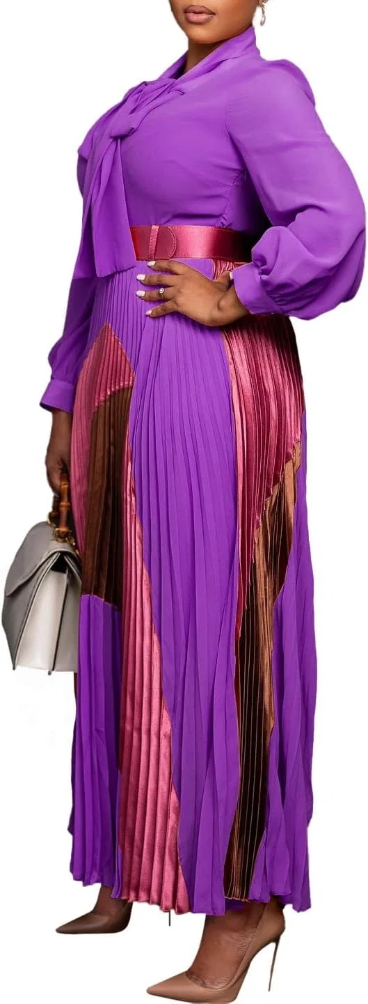 Женское цветное платье-рубашка с бантом A-line Maxi, Purple — фото 2