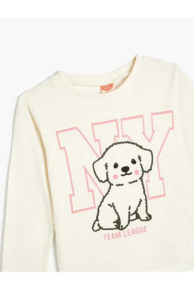 Детская футболка с длинным рукавом Dog Print Long Sleeve Cotton Crew Neck T-Shirt Koton, Ecru — фото 3