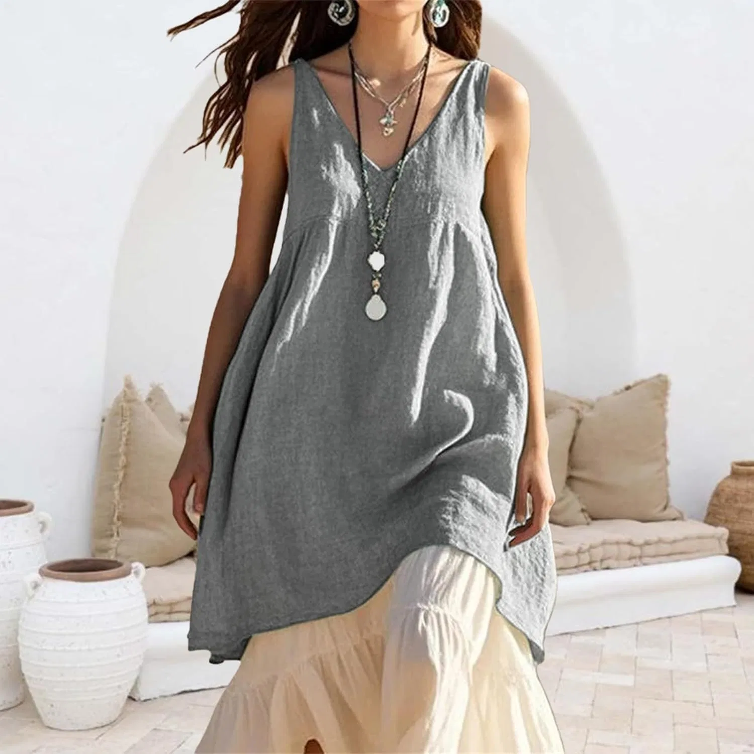 Летнее мини-платье без рукавов V-образным вырезом Cami Loose Swing, Grey — фото 2