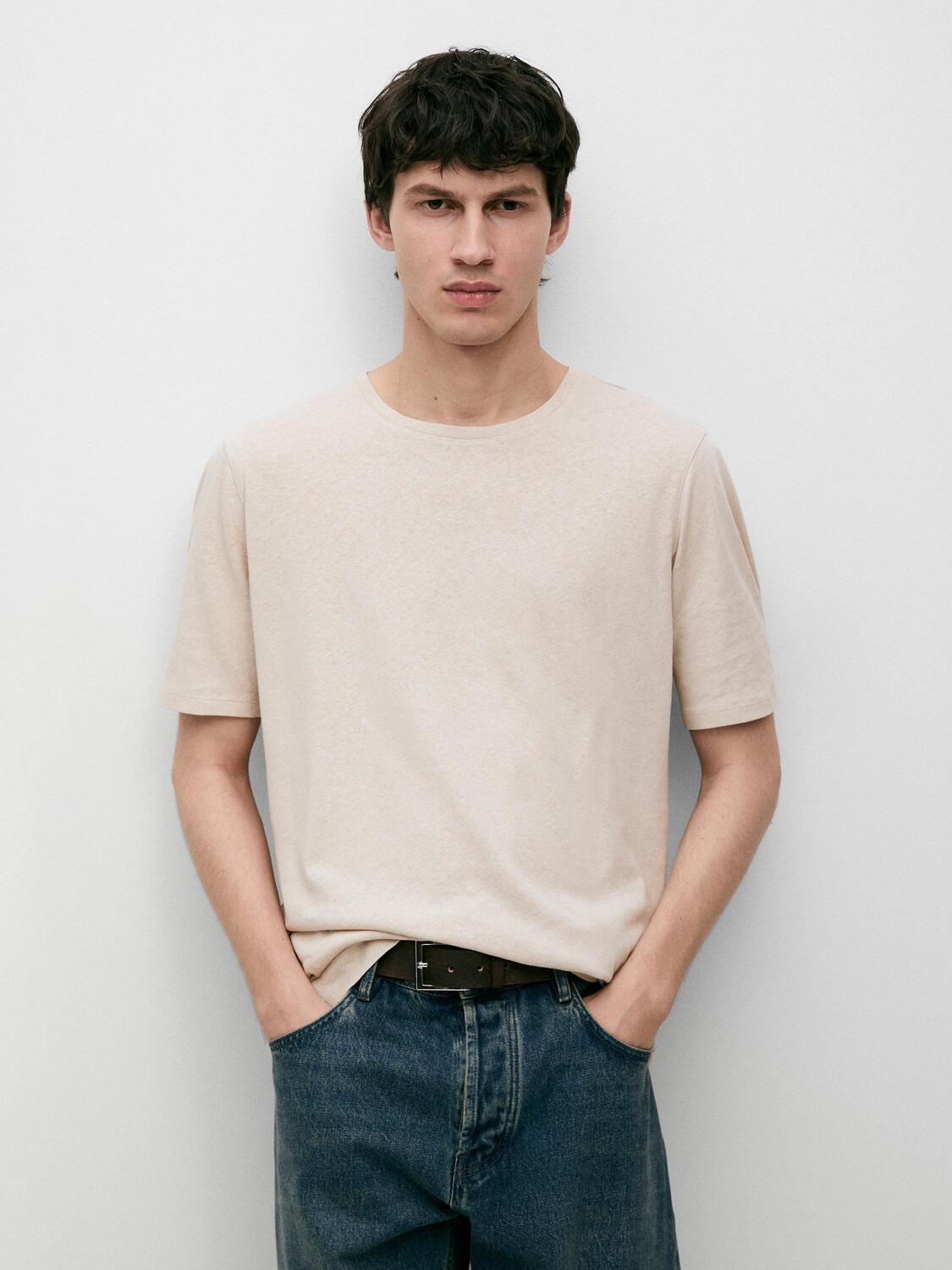 Футболка Massimo Dutti Short Sleeve Linen Blend, светло-коричневый — фото 3