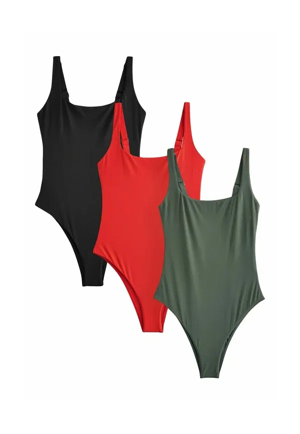 Купальник комплект из 3 шт, бесшовный, Regular fit - square neck swimsuits 3 pack, Next, красный, хаки, зеленый, черный, rib