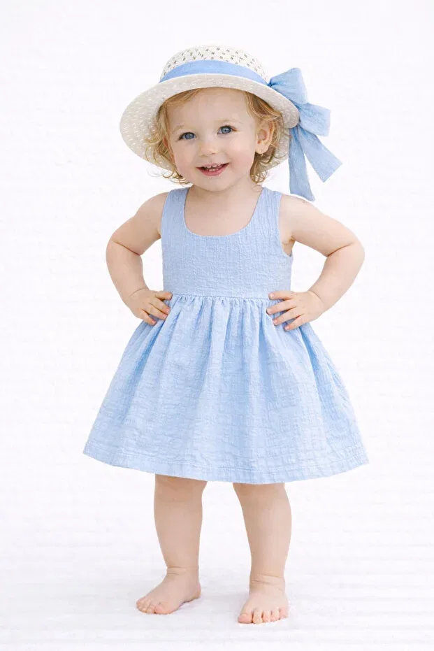 Детское платье для девочек хлопковое комплект платьев Sweet baby girl summer dress with bow hat cotton 2-piece dress Chicsy Baby, Bebe Blue