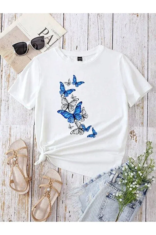 Детское для девочек футболка с принтом White Blue Butterfly Printed Garalio, White