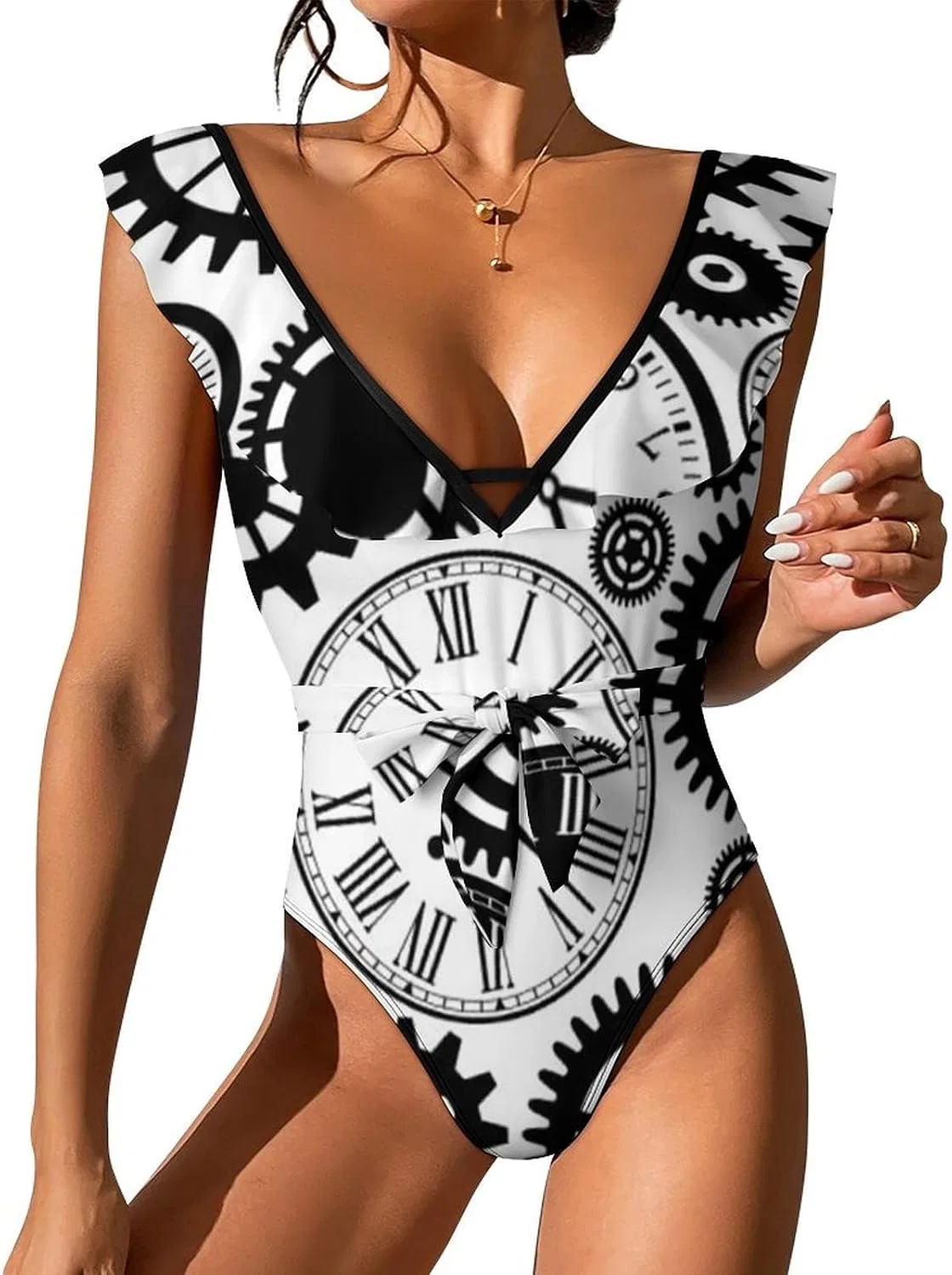 Женский слитный купальник с змеиным принтом Vintage Clocks, Style-2