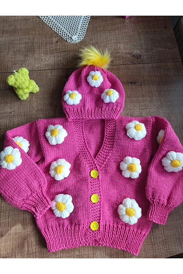 Детский кардиган с принтом Hand Knitted Children's Cardigan Beanie El Örgüsü Cici Bebe, Deli Peber