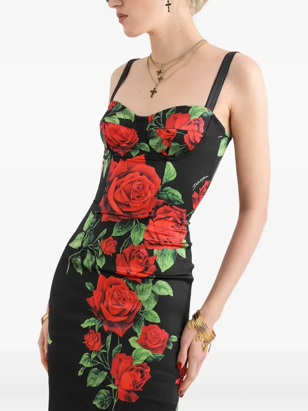 Атласное платье миди с принтом DOLCE & GABBANA, черный — фото 4