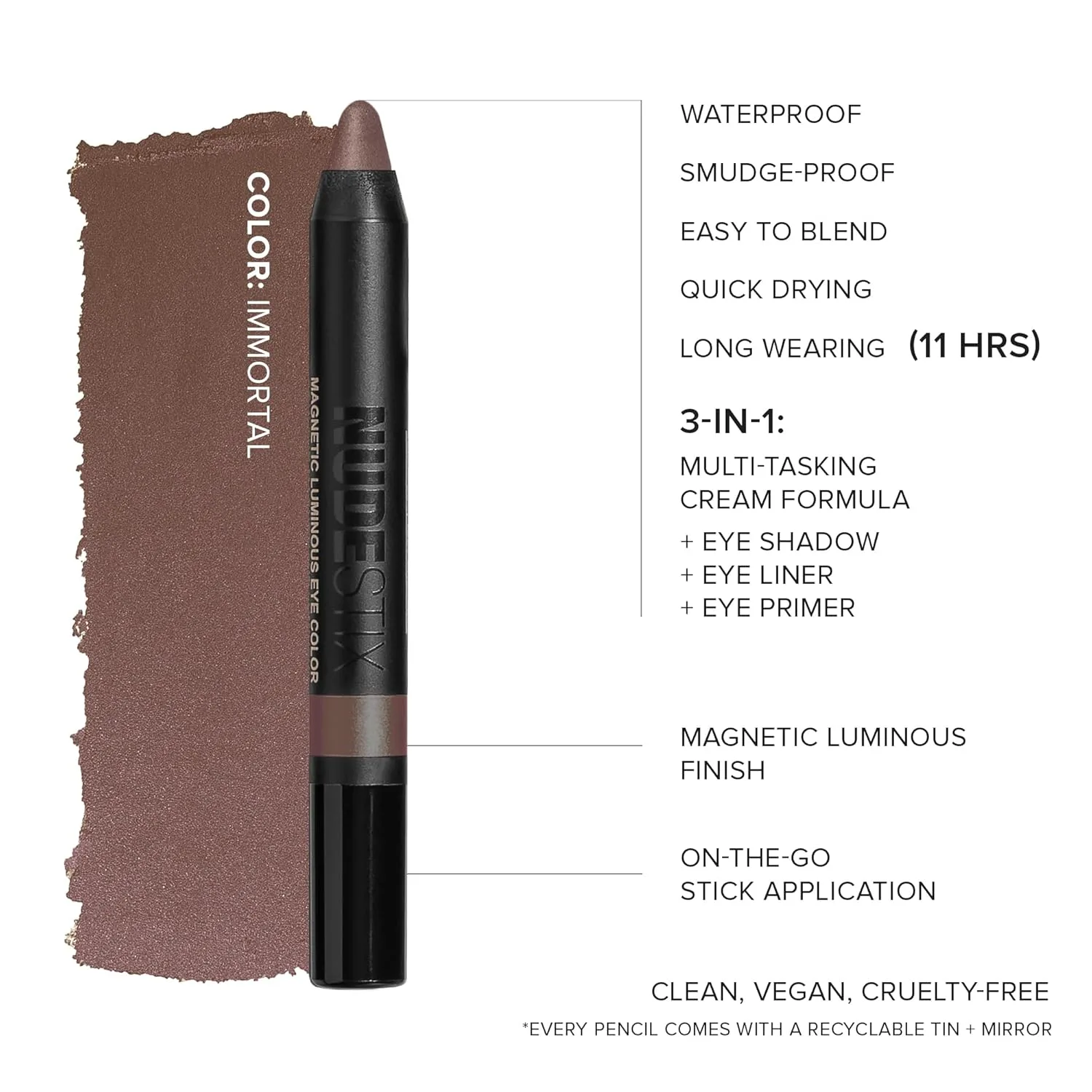 Nudestix Magnetic Luminous Eye Color - кремовые тени-карандаш 4-в-1, подводка для глаз, праймер и хайлайтер | Стойкий, водостойкий сатиновый финиш | Веганский продукт, не тестируется на животных, immortal — фото 4