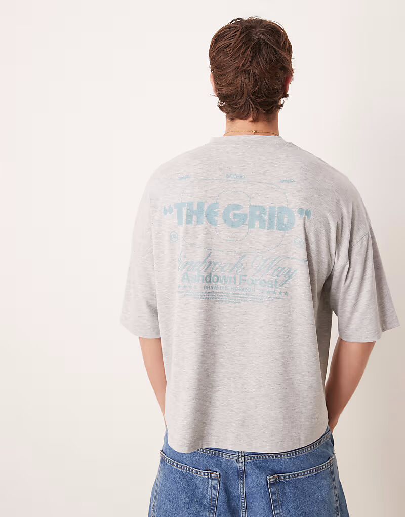 

Футболка свободного кроя с принтом на спине серого меланжевого цвета Asos Design