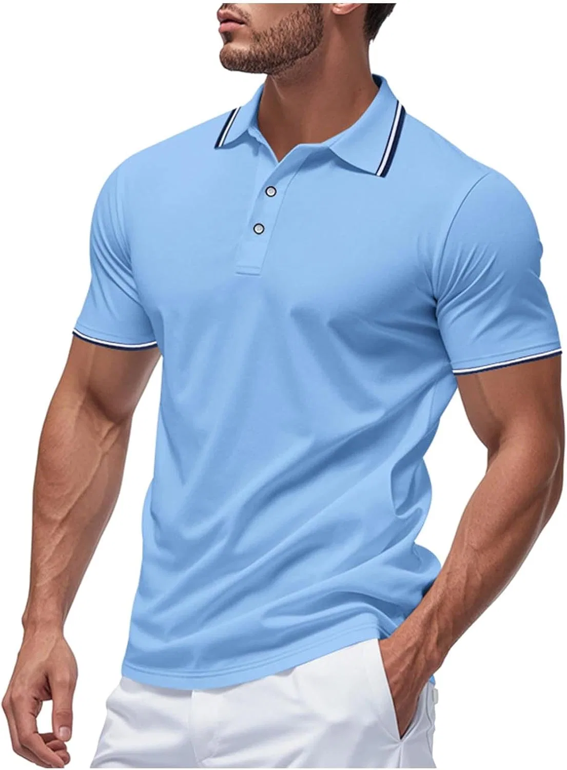 Мужское поло с коротким рукавом, три пуговицы, пике, хлопок, Light Blue