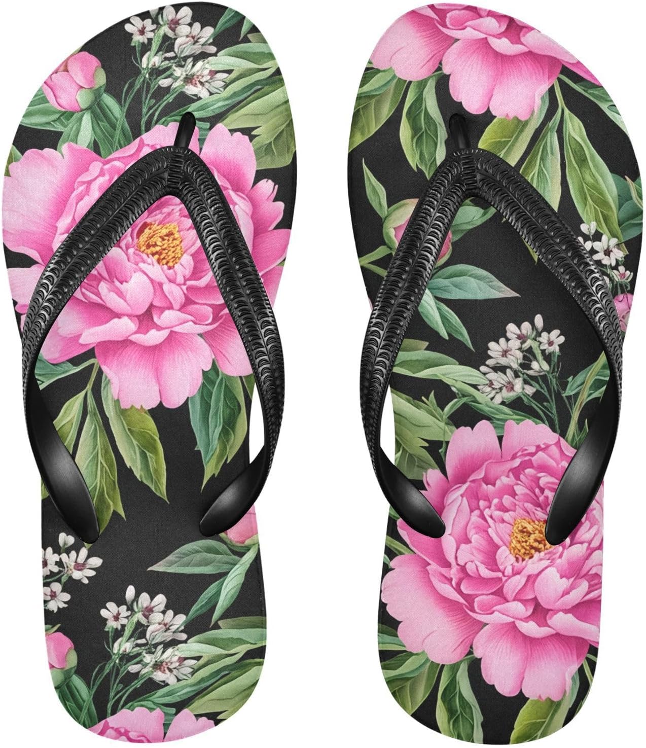 

Женские и мужские пляжные шлепанцы с цветочным узором Пион, черного цвета, резиновые, противоскользящие, летние тапочки для ходьбы Sinestour