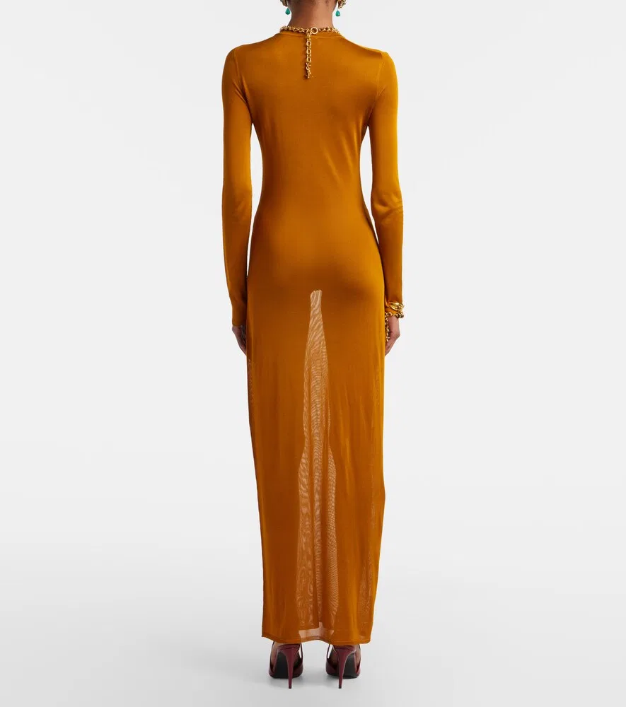 Вязаное полупрозрачное макси-платье Saint Laurent, желтый — фото 3