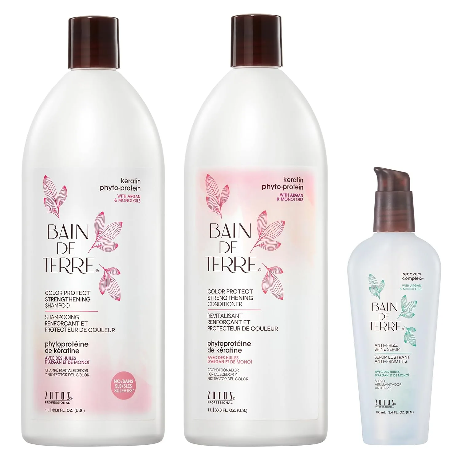 Укрепляющий кондиционер Bain de Terre Keratin Phyto-Protein Color Protect для окрашенных и ослабленных волос, без сульфатов и парабенов. 1000/100 мл (3 шт.), Green